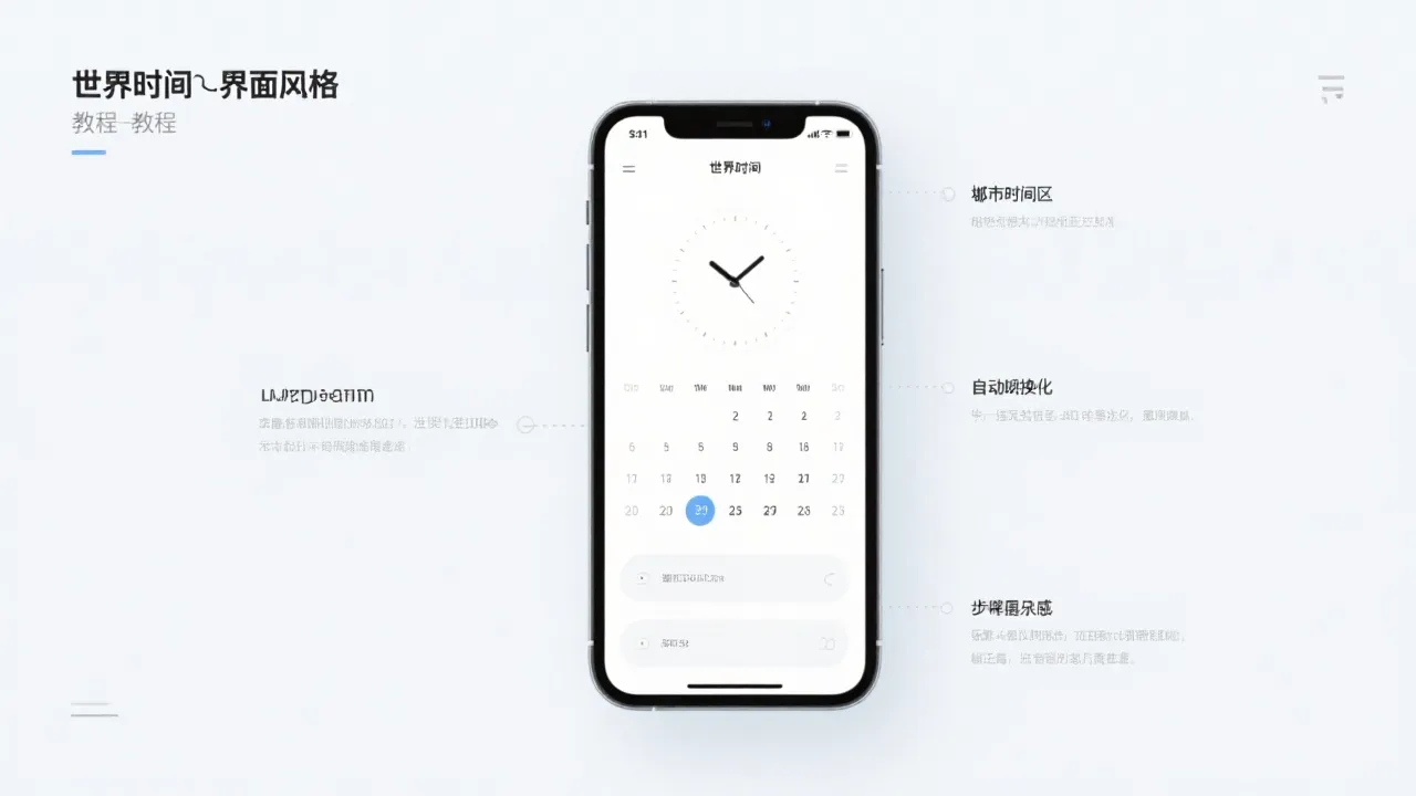 手机日历与世界时钟界面风格的教程示意占位图